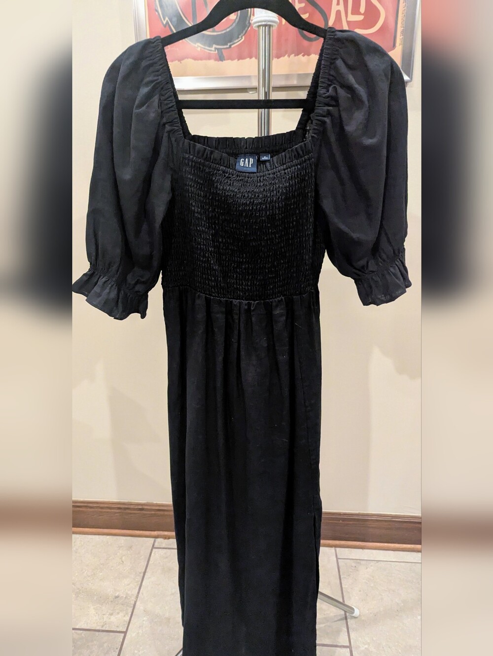 Gap Black Linen Blend Puff Sleeve Smocked Midi Dress Size S $28